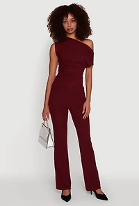 Womens Ribbed Knit Solid Straight Leg Casual Pants,