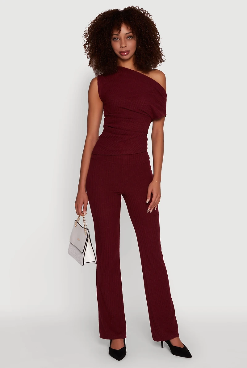 Womens Ribbed Knit Solid Straight Leg Casual Pants,
