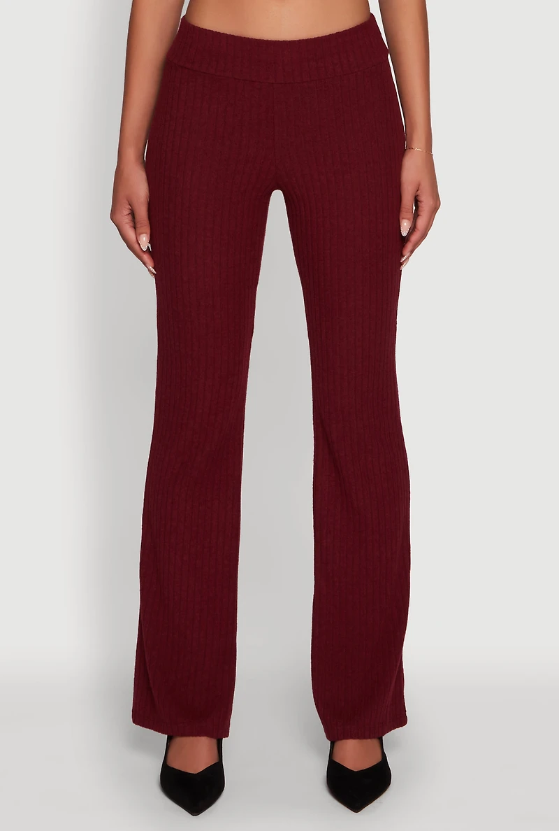 Womens Ribbed Knit Solid Straight Leg Casual Pants,