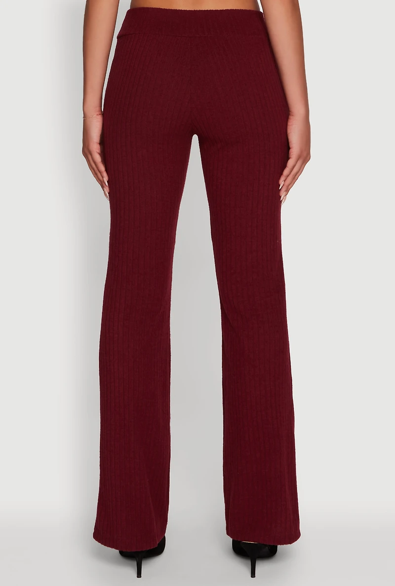 Womens Ribbed Knit Solid Straight Leg Casual Pants,
