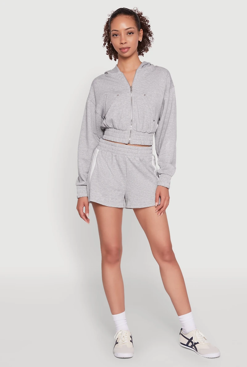 Womens Iris High Waisted Varsity Stripe Fleece Shorts, Grey,