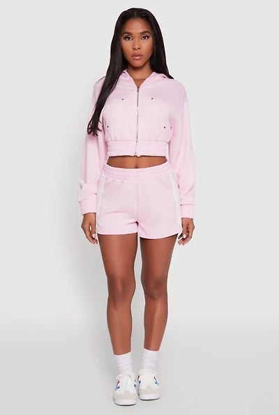 Womens Iris High Waisted Varsity Stripe Fleece Shorts, Pink,