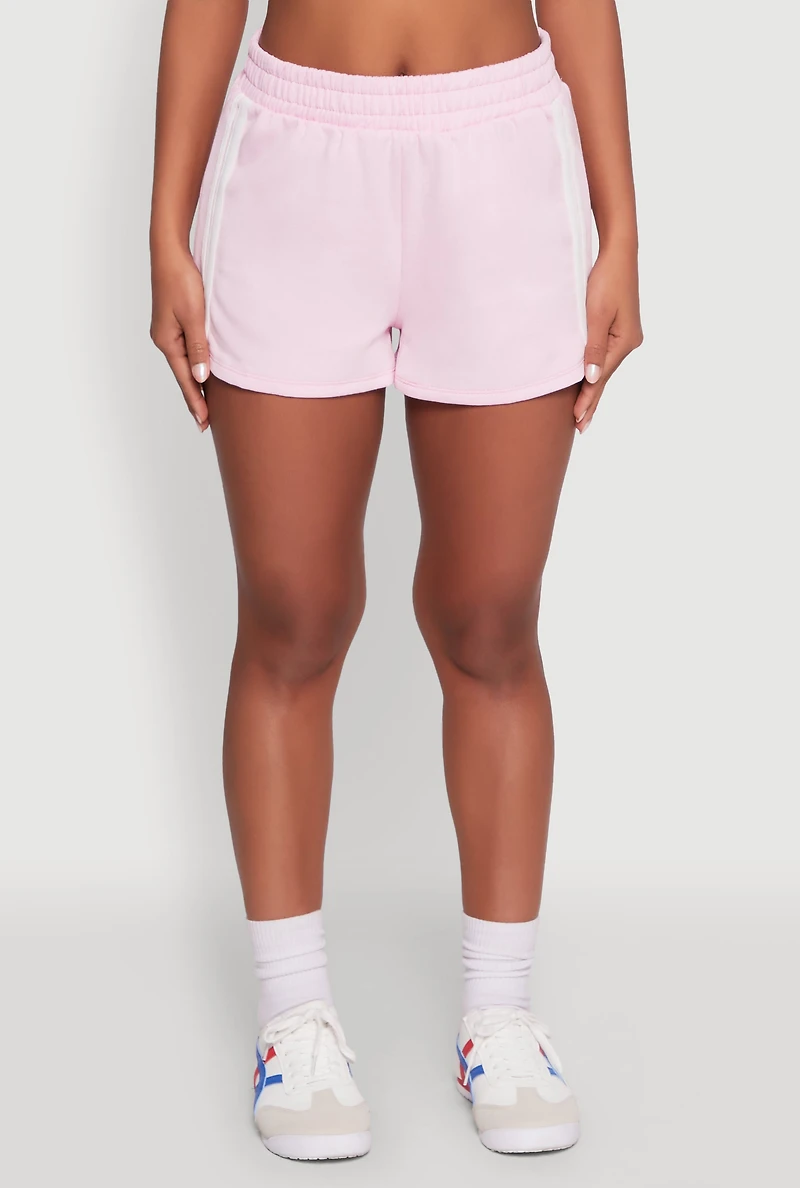 Womens Iris High Waisted Varsity Stripe Fleece Shorts, Pink,