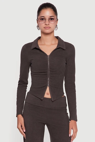 Brushed Rib Knit Ruched Double Zip Front Crop Top
