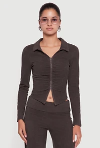 Brushed Rib Knit Ruched Double Zip Front Crop Top