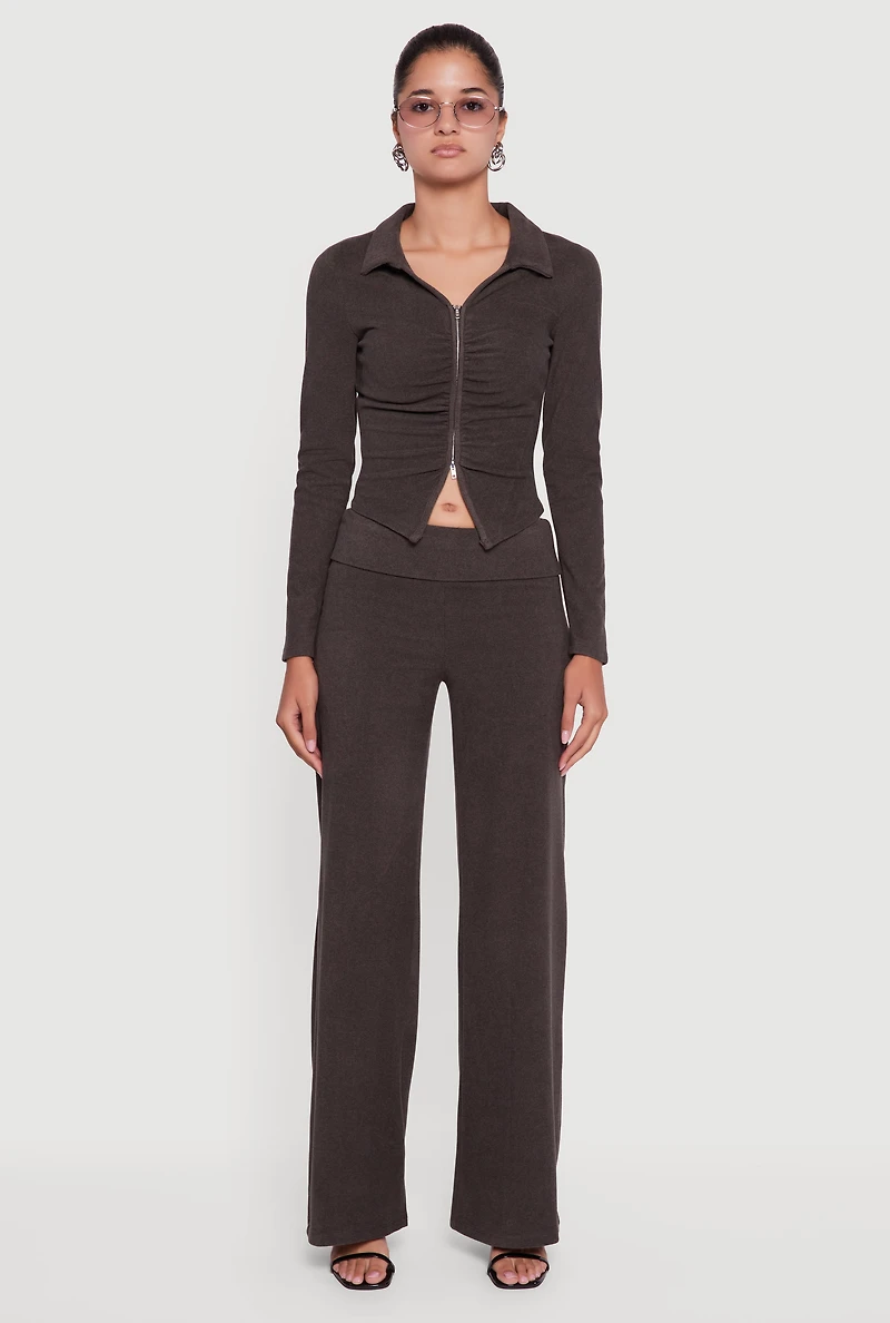 Brushed Rib Knit Ruched Double Zip Front Crop Top