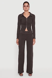 Brushed Rib Knit Ruched Double Zip Front Crop Top