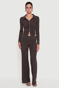 Brushed Rib Knit Ruched Double Zip Front Crop Top