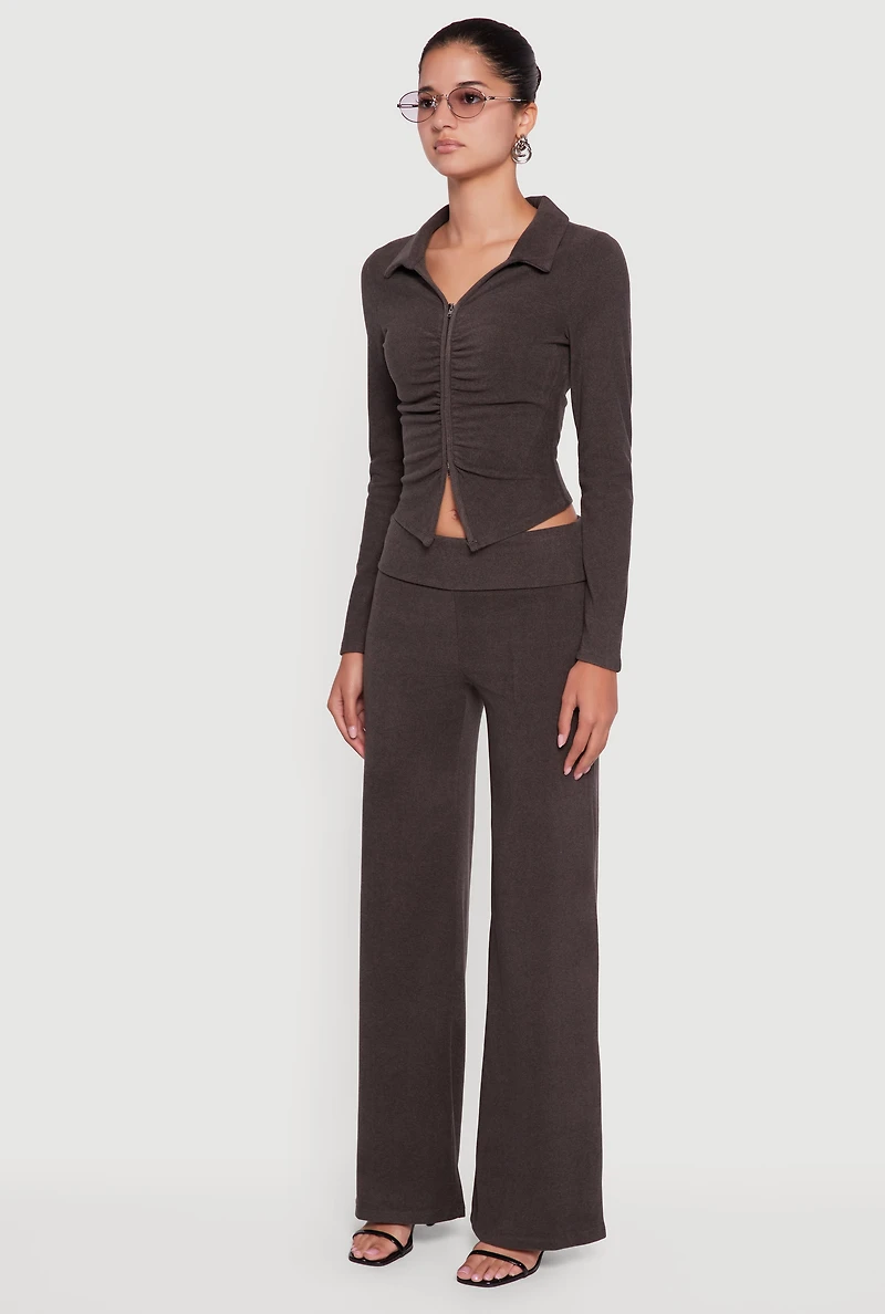 Brushed Rib Knit Ruched Double Zip Front Crop Top