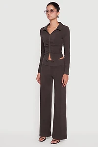 Brushed Rib Knit Ruched Double Zip Front Crop Top