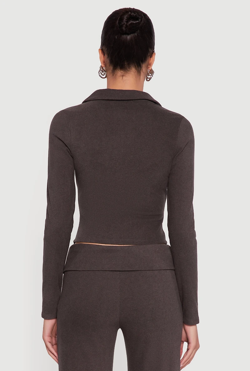 Brushed Rib Knit Ruched Double Zip Front Crop Top