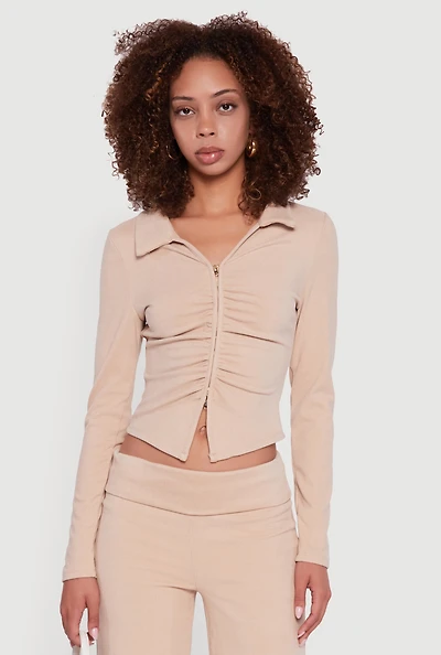 Womens Brushed Rib Knit Ruched Double Zip Front Crop Top, Beige, Size M