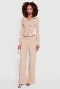 Womens Brushed Rib Knit Ruched Double Zip Front Crop Top, Beige, Size M