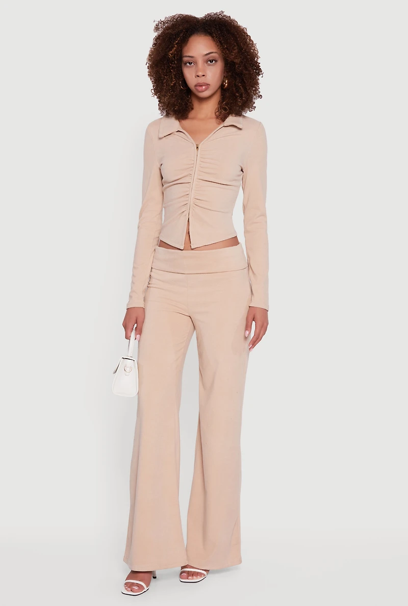 Womens Brushed Rib Knit Ruched Double Zip Front Crop Top,