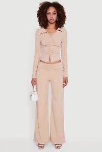Womens Brushed Rib Knit Ruched Double Zip Front Crop Top, Beige, Size M