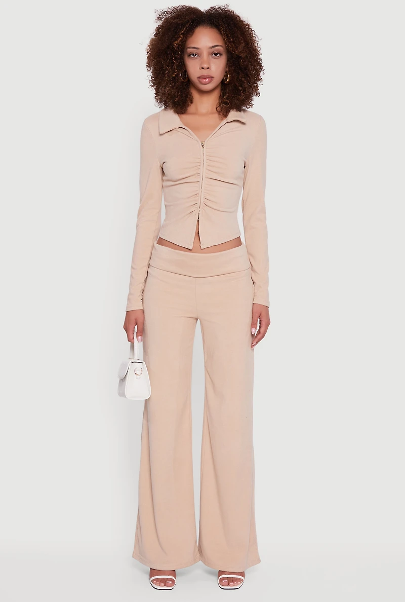 Womens Brushed Rib Knit Ruched Double Zip Front Crop Top,