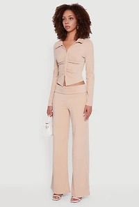 Womens Brushed Rib Knit Ruched Double Zip Front Crop Top, Beige, Size L