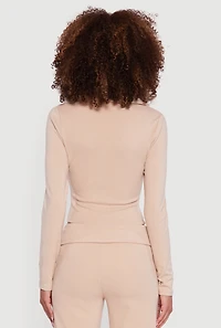 Womens Brushed Rib Knit Ruched Double Zip Front Crop Top, Beige, Size L