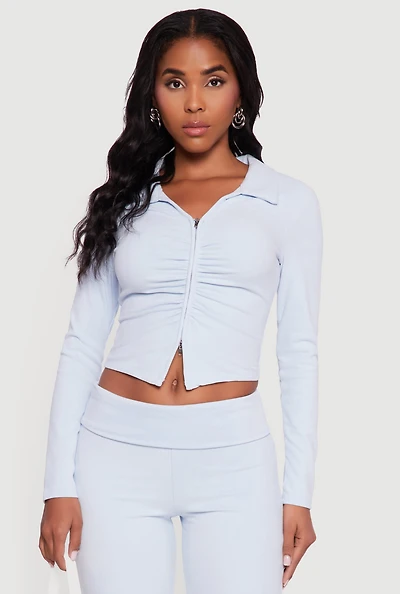 Brushed Rib Knit Ruched Double Zip Front Crop Top