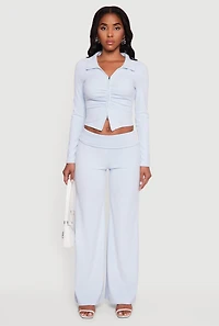 Womens Brushed Rib Knit Ruched Double Zip Front Crop Top, S