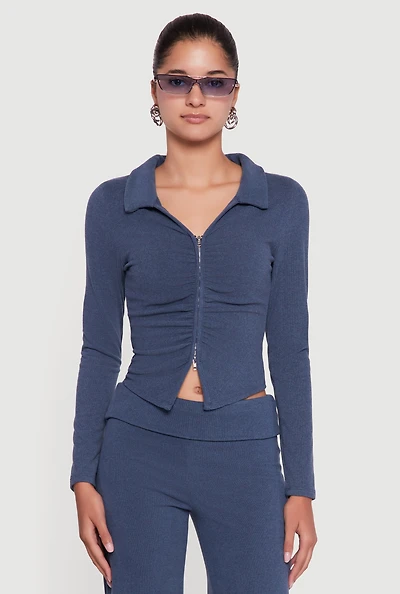 Womens Brushed Rib Knit Ruched Double Zip Front Crop Top,