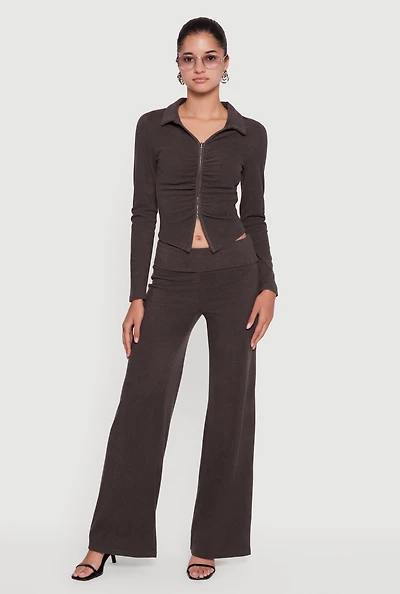 Brushed Ribbed Knit Fold Over Flare Pants
