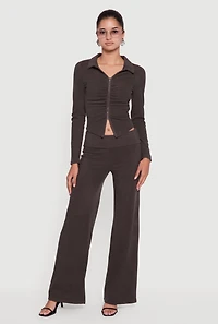 Brushed Ribbed Knit Fold Over Flare Pants