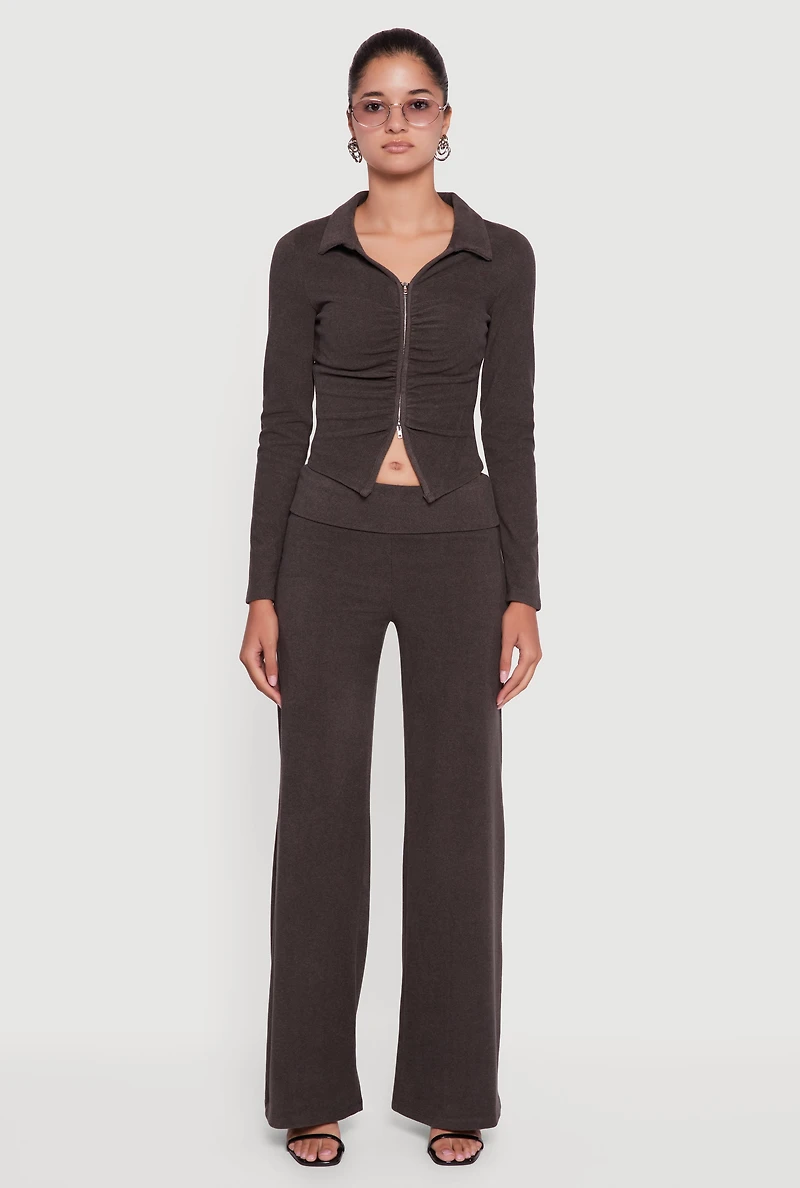 Brushed Ribbed Knit Fold Over Flare Pants