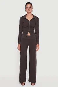 Brushed Ribbed Knit Fold Over Flare Pants