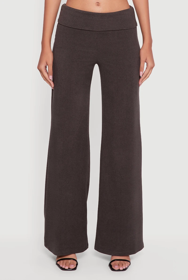 Brushed Ribbed Knit Fold Over Flare Pants