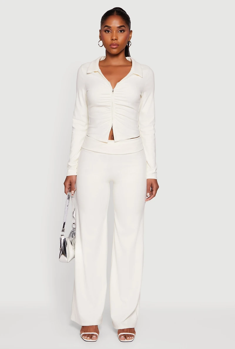 Womens Brushed Ribbed Knit Fold Over Flare Pants, White, Size M