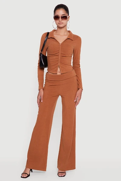 Womens Brushed Ribbed Knit Fold Over Flare Pants, Brown, Size L