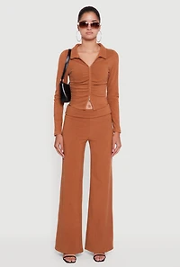 Womens Brushed Ribbed Knit Fold Over Flare Pants, Brown, Size L