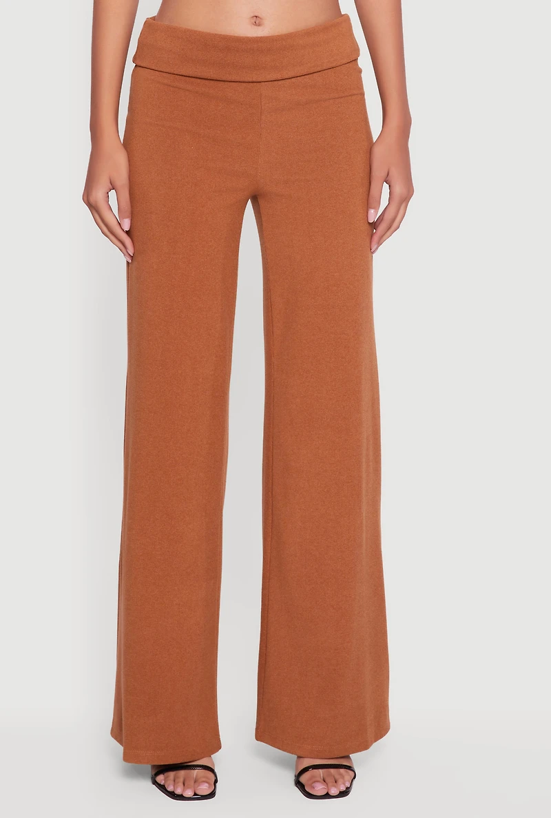 Womens Brushed Ribbed Knit Fold Over Flare Pants, Brown, Size L
