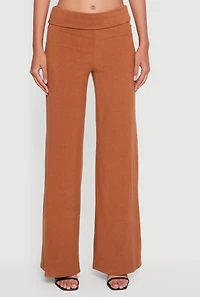 Womens Brushed Ribbed Knit Fold Over Flare Pants, Brown, Size L