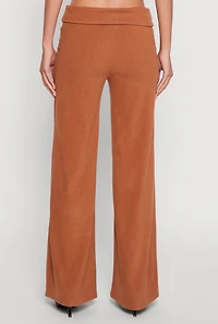 Womens Brushed Ribbed Knit Fold Over Flare Pants, Brown, Size L