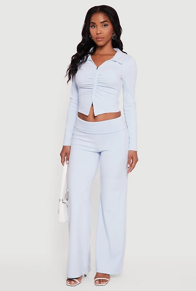 Womens Brushed Ribbed Knit Fold Over Flare Pants,