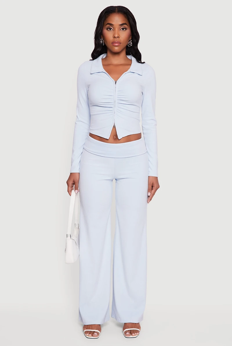 Womens Brushed Ribbed Knit Fold Over Flare Pants, M