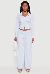 Womens Brushed Ribbed Knit Fold Over Flare Pants, M