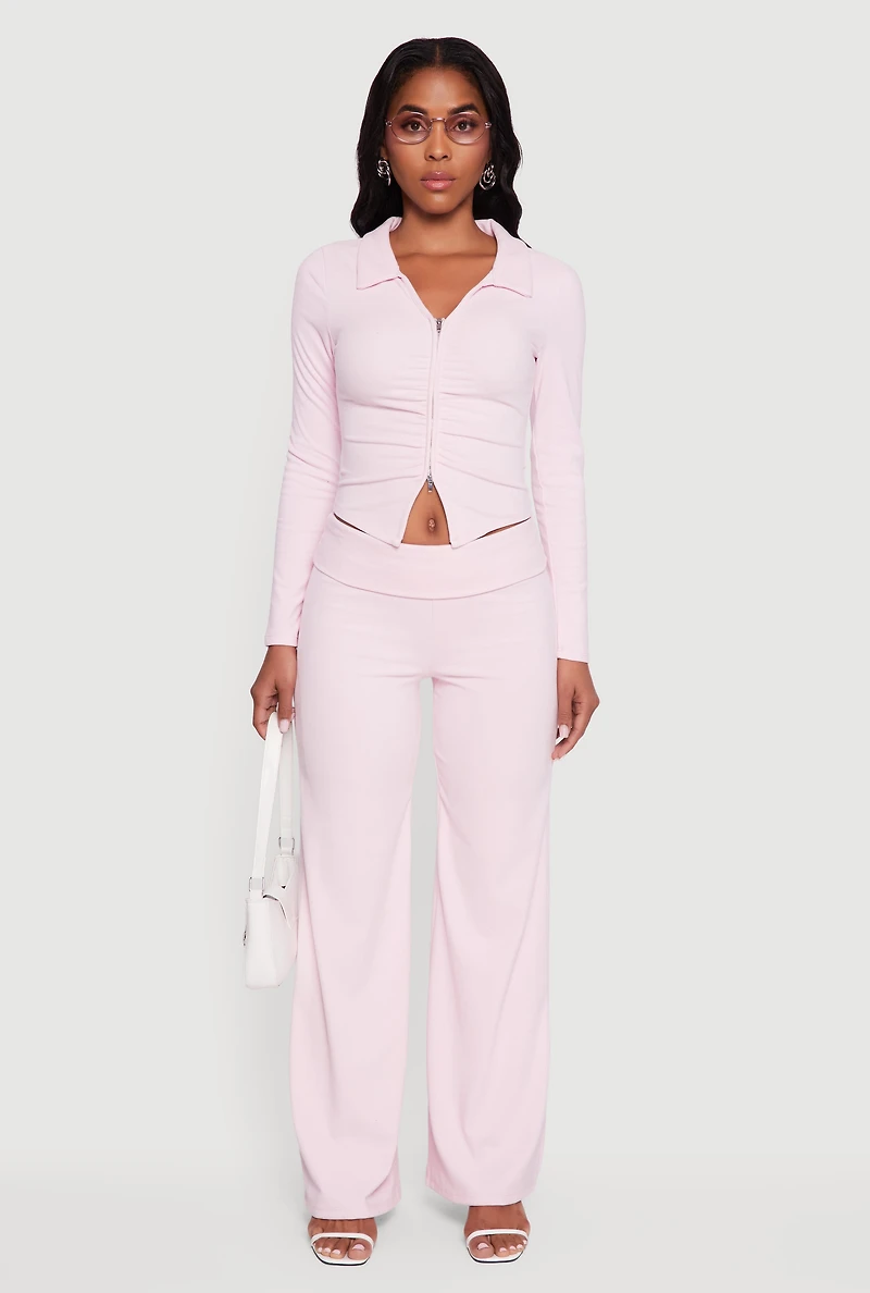 Womens Brushed Ribbed Knit Fold Over Flare Pants, M