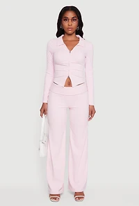 Womens Brushed Ribbed Knit Fold Over Flare Pants, M