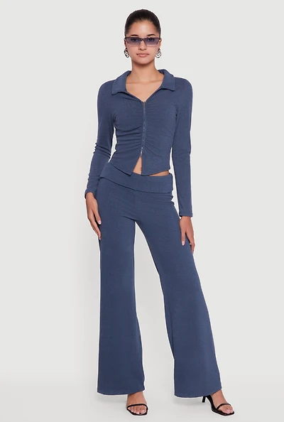Womens Brushed Ribbed Knit Fold Over Flare Pants,