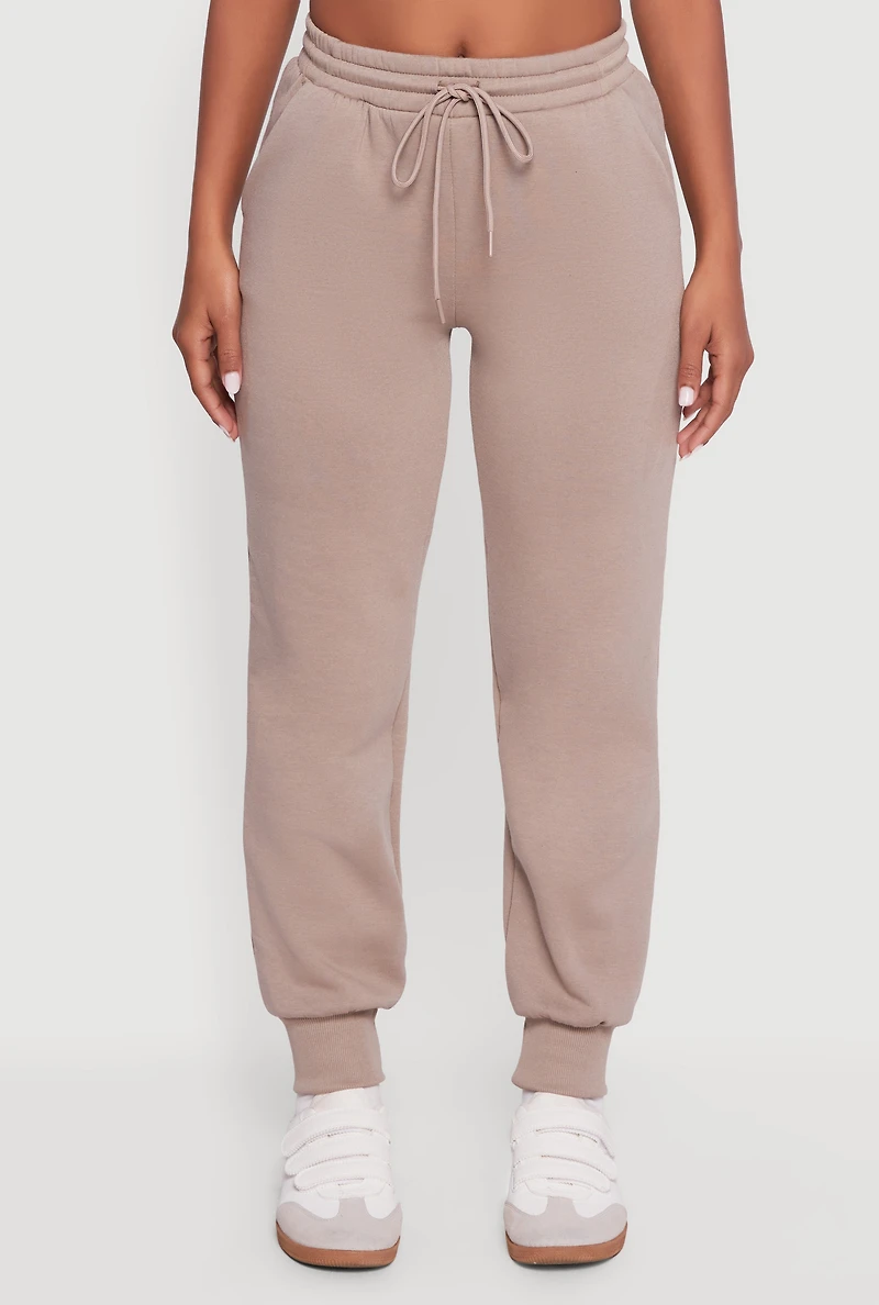 Womens High Waisted Fleece Lined Drawstring Joggers, Khaki, Size S