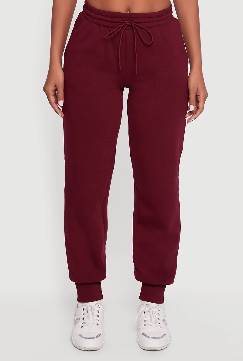 Womens Fleece Lined Drawstring High Waisted Joggers, Burgundy, Size M