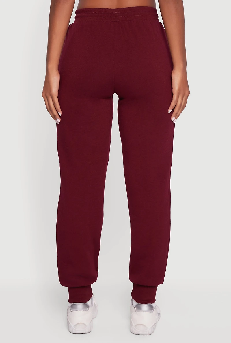Womens Fleece Lined Drawstring High Waisted Joggers, Burgundy, Size M