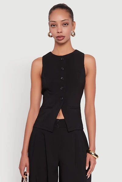 Womens Solid Crepe Knit Button Front Blazer Vest,