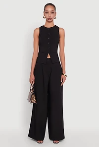 Womens Solid Crepe Knit Button Front Blazer Vest, Black, Size S