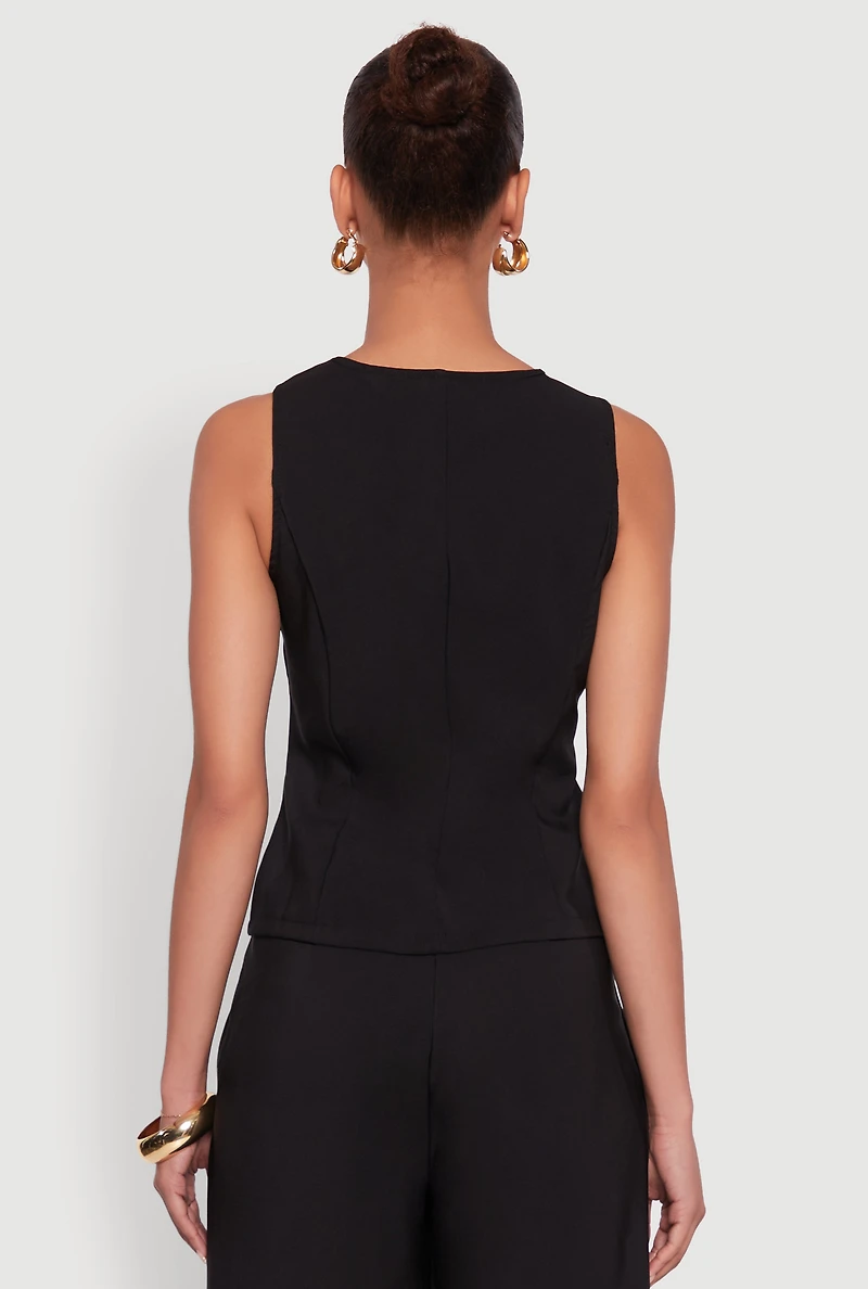 Womens Solid Crepe Knit Button Front Blazer Vest, Black, Size S