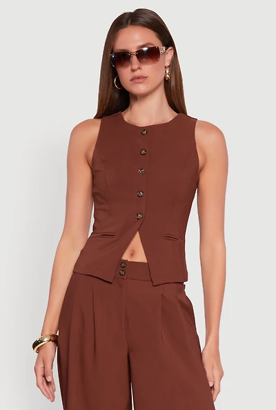 Womens Solid Crepe Knit Button Front Blazer Vest, Brown, Size S