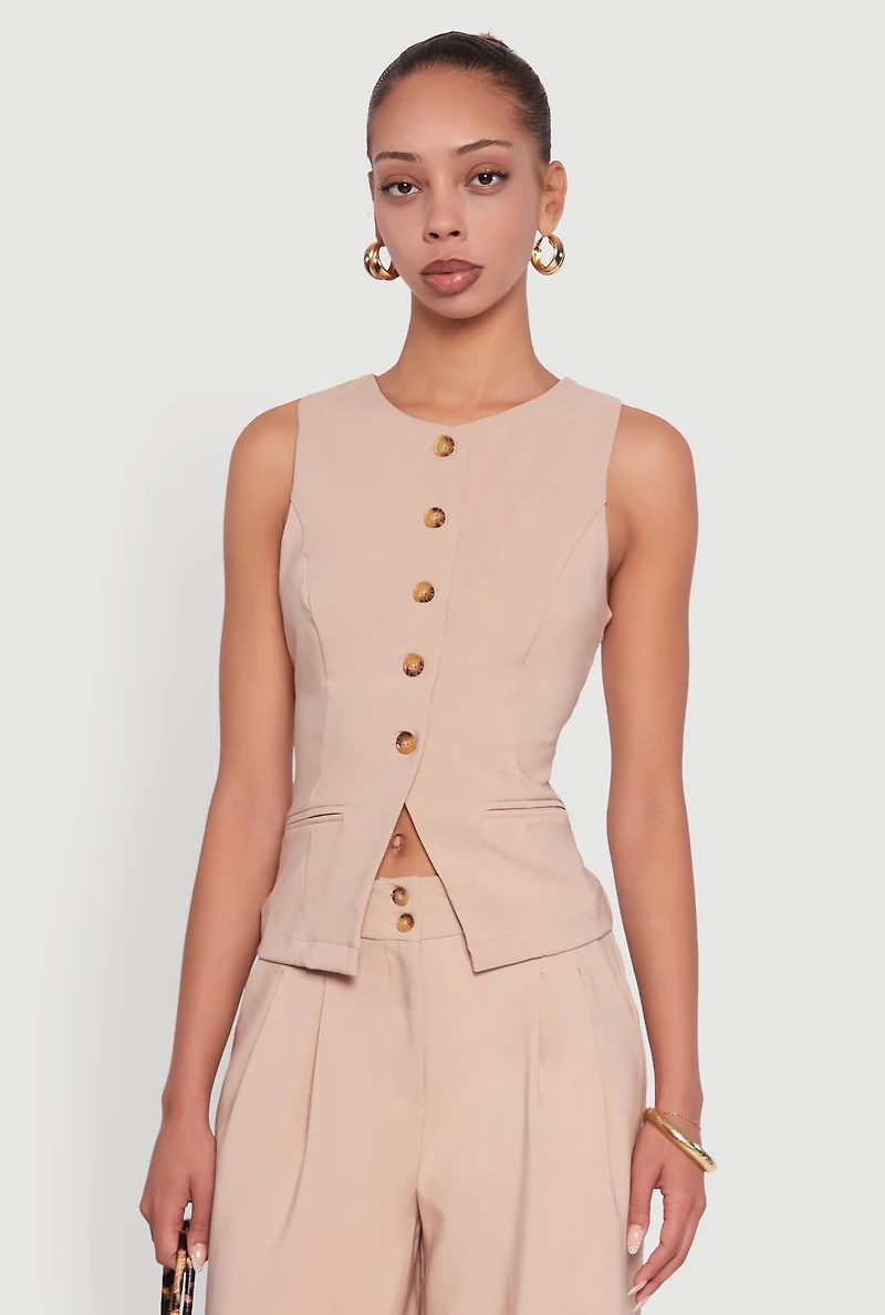 Womens Solid Crepe Knit Button Front Blazer Vest,